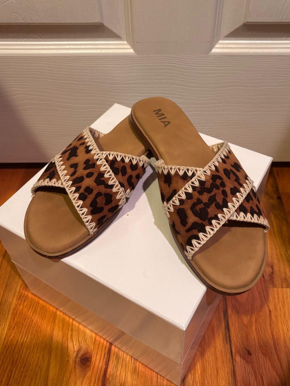 MIA Leopard-Print Crossover Slide Sandals - Brown & Black